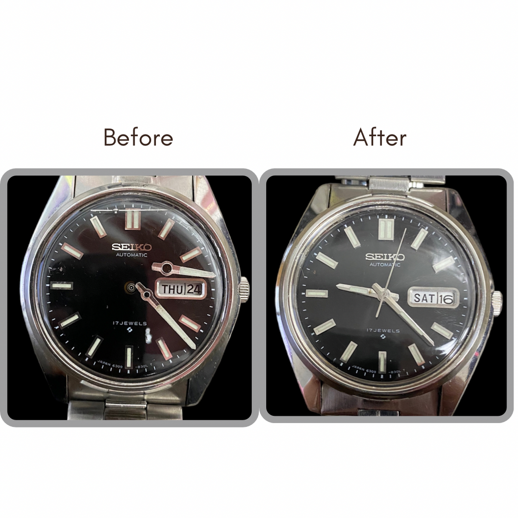 BEFORE AND AFTER - Overhaul, Marker/Hand Repair ,Crystal Polish, Band Repair and Ultrasonic Cleaning for Seiko 6309 8020 (80925E4C)
