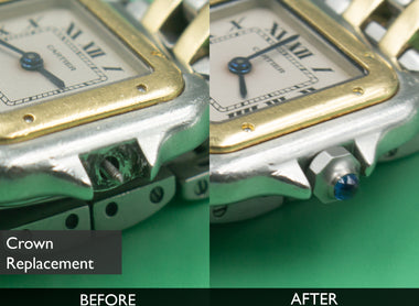 BEFORE AND AFTER CROWN REPLACEMENT FOR PANTHERE DE CARTIER LADIES TWO-TONE STAINLESS STEEL AND 18K YELLOW GOLD WATCH W2PN0006 08-10-2021