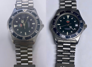BEFORE AND AFTER - New movement, Dial Leg Repair, New Hands, Crystal, Polish and Ultrasonic Cleaning For Tag Heuer 973.006