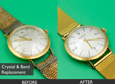 BEFORE AND AFTER CRYSTAL AND BAND  REPLACEMENT FOR VINTAGE JULES JURGENSEN 14K MEN'S WATCH 08-02-2021