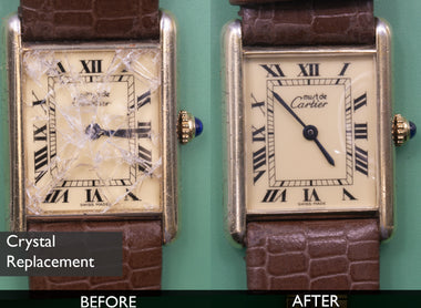 Before and After crystal replacement for Tank Louis Cartier Yellow Gold Quartz Watch 08-17-2021