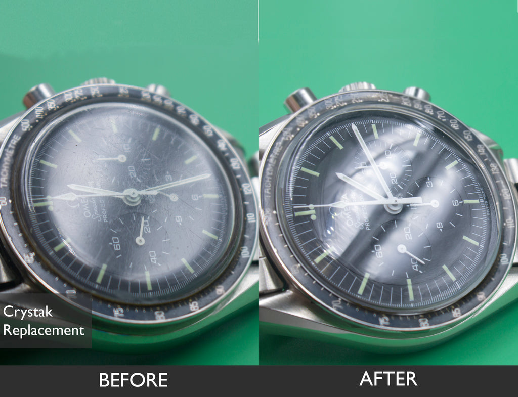 Before and After Watch Crystal Replacement for Omega SpeedMaster Professional Watch 06-29-2021