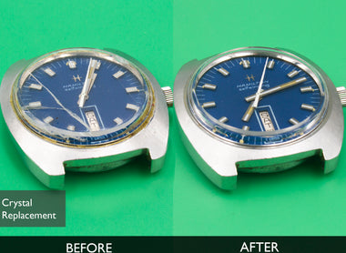 Before and After Watch Crystal Replacement for 1973 Hamilton Auto-date Buccaneer Watch 06-29-2021