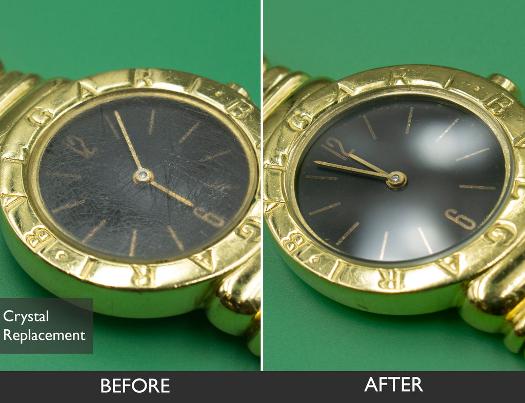 Before and After Watch Crystal Replacement for Bvlgari 18K Yellow Gold-Black Dial Women's Watch 07-16-2021