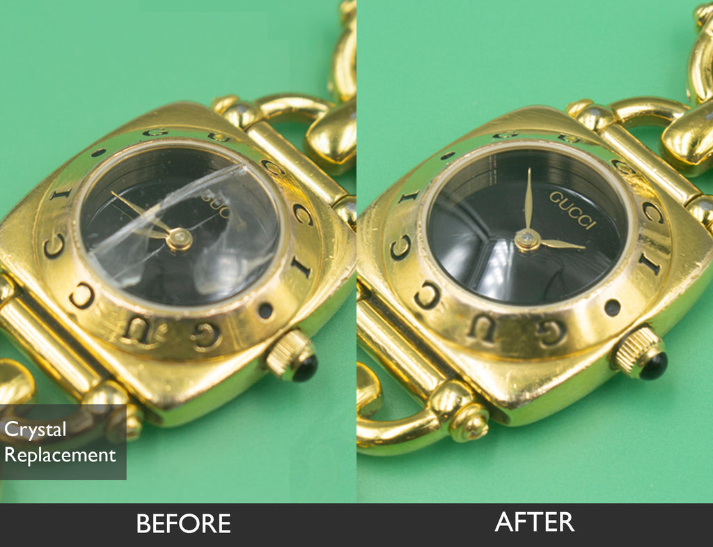 BEFORE AND AFTER WATCH CRYSTAL REPLACEMENT FOR GUCCI HORSEBIT GOLD PLATED WATCH 07-27-2021