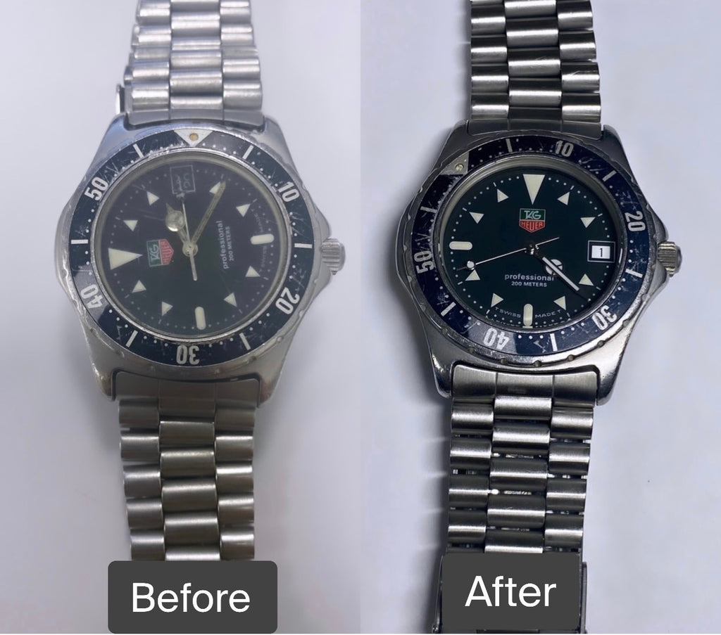 BEFORE AND AFTER - New movement, Dial Leg Repair, New Hands, Crystal, Polish and Ultrasonic Cleaning For Tag Heuer 973.006