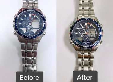 BEFORE AND AFTER BATTERY SERVICE, CRYSTAL REPLACEMENT AND CLEANING  FOR Citizen Eco-Drive C320-Q01377  WATCH