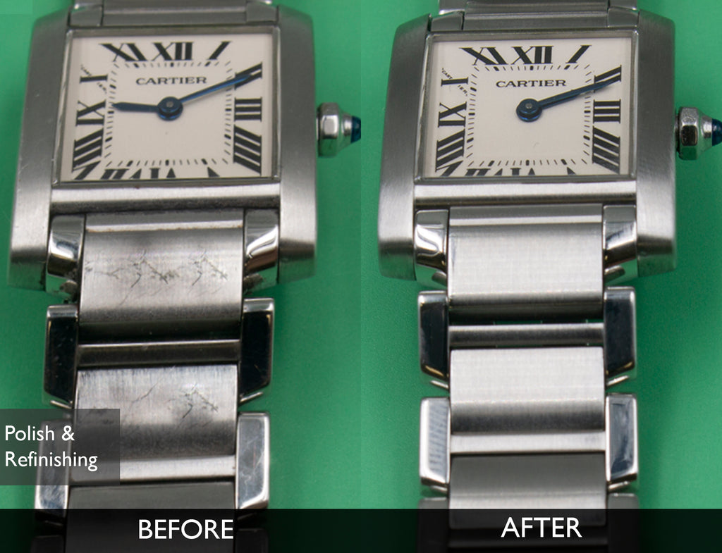 BEFORE AND AFTER BRACELET POLISHING FOR CARTIER FRANCAISE TANK 2384 06-20-2021