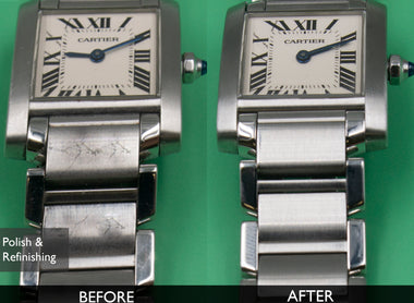 BEFORE AND AFTER BRACELET POLISHING FOR CARTIER FRANCAISE TANK 2384 06-20-2021