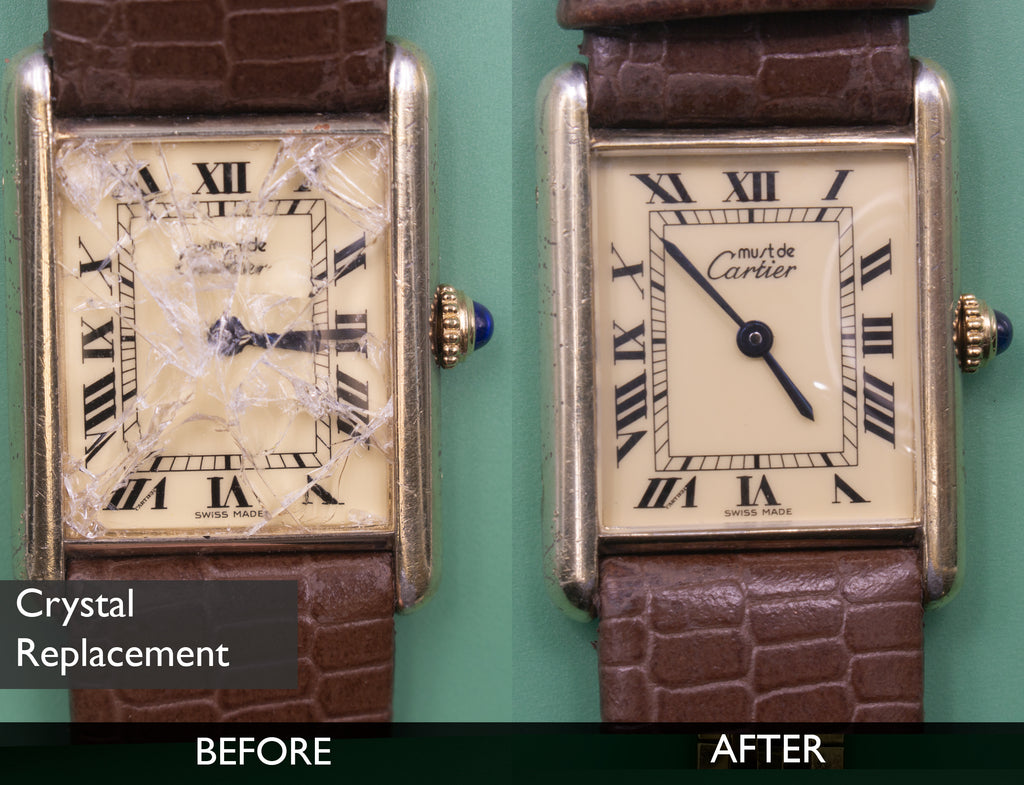 Before and After crystal replacement for Tank Louis Cartier Yellow Gold Quartz Watch 08-17-2021