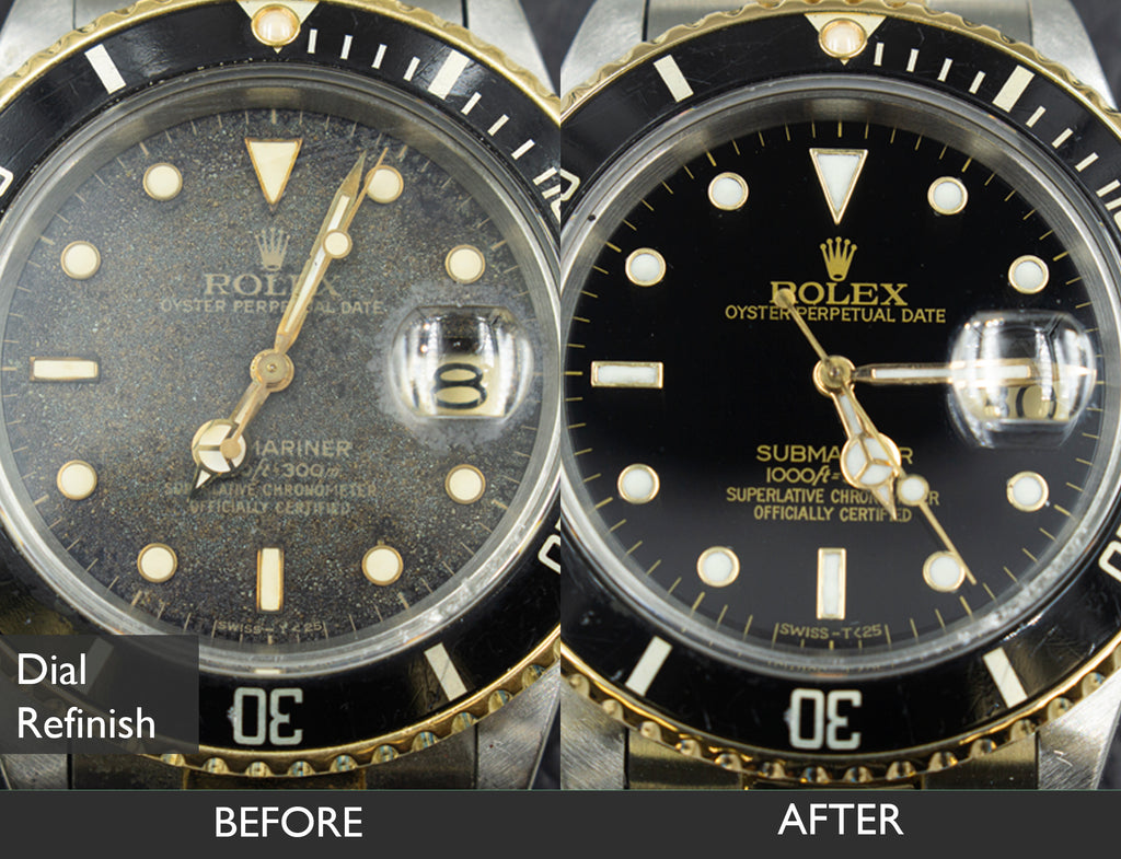 BEFORE AND AFTER DIAL REFINISH FOR ROLEX OYSTER PERPETUAL DATE SUBMARINER WATCH 08-03-2021