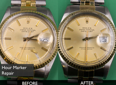 Before and After Hour Mark Repair for Rolex 16233 Datejust 18k Yellow Gold Steel Champagne Dial Wrist Watch 08-17-2021